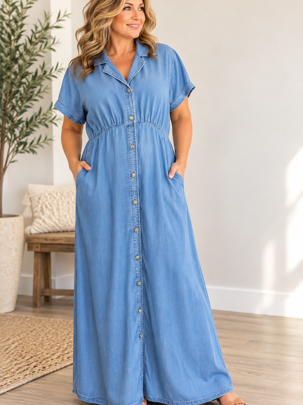 Light Blue Chambray Button-Front Maxi Dress Sz 14/0X